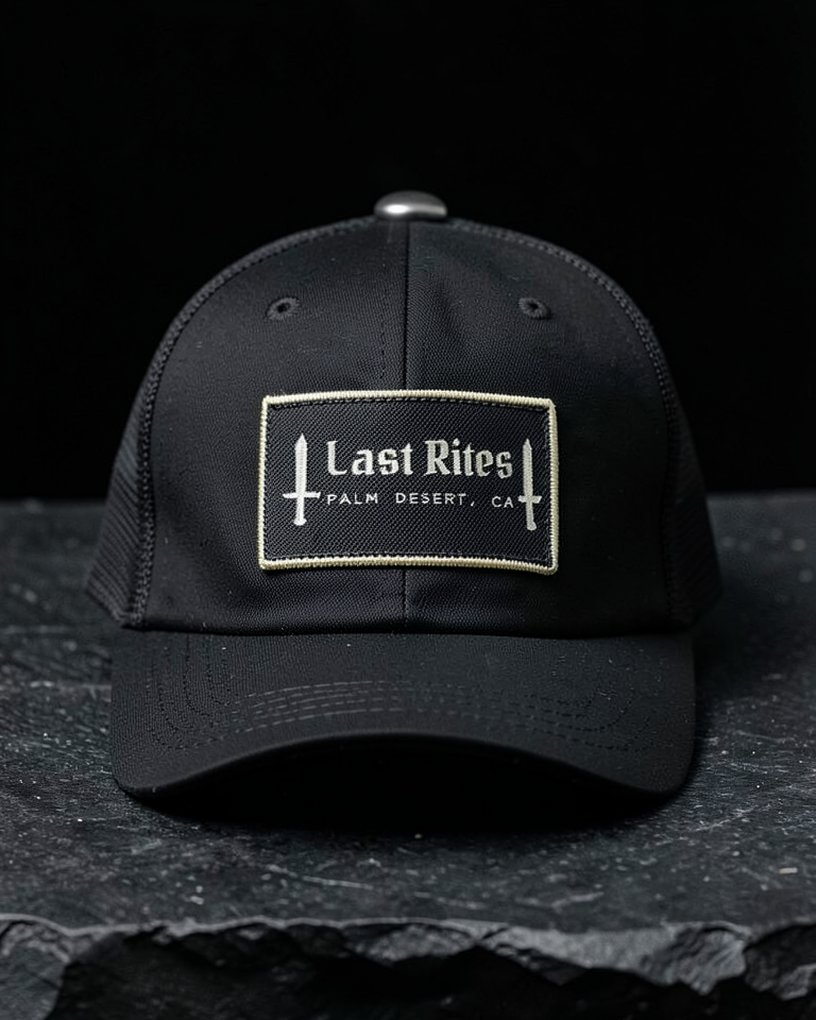 A black trucker hat with a woven patch embroidered Last Rites, Palm Desert, CA, between two daggers.