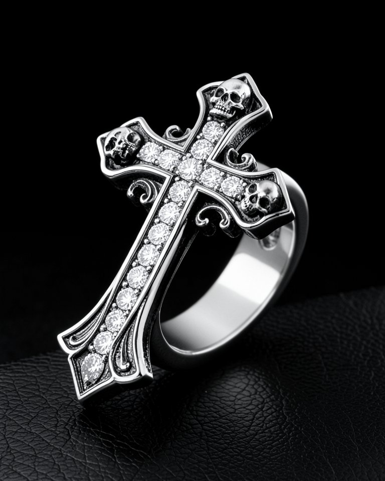 A heavy oxidised sterling silver ring topped with a long gothic cross set with a row of clear pave stones, four small sculpted skulls between its arms, on black leather.
