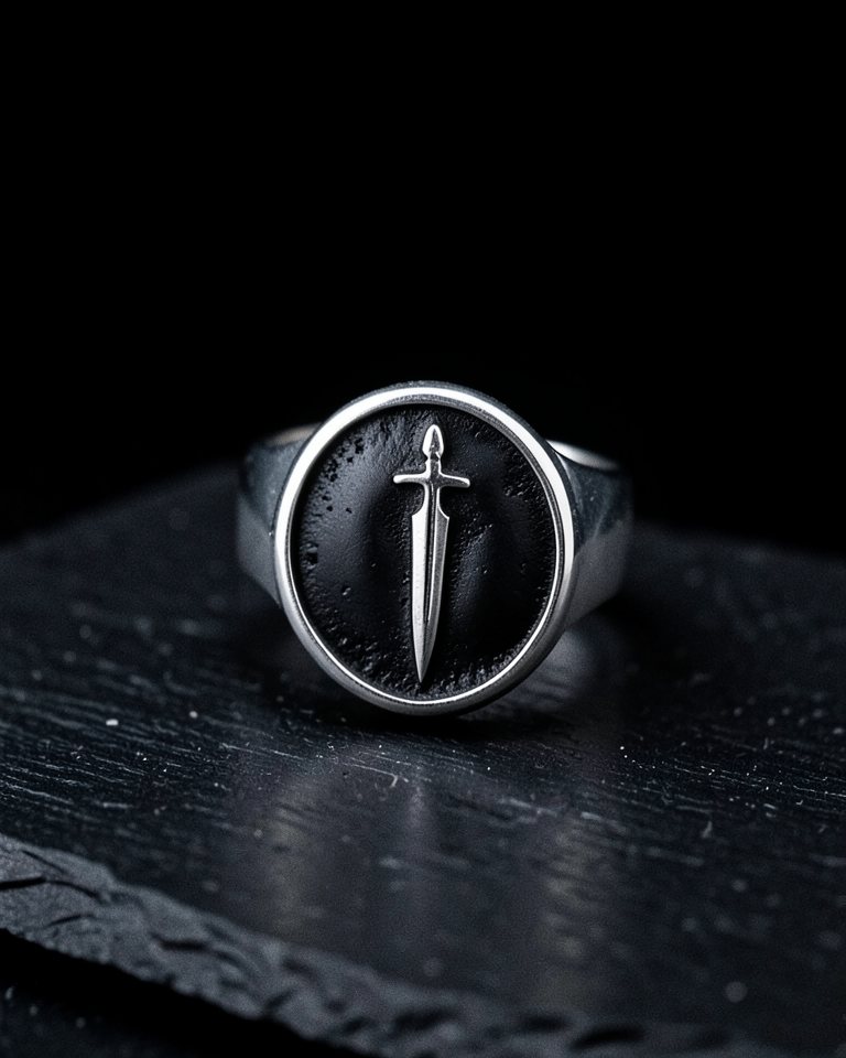 A sterling silver signet ring with a small oval face engraved with a single dagger, the engraving filled black, on a round band, on black slate.