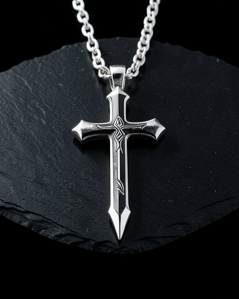 A sterling silver gothic cross pendant with pointed flared arms, a blackened face and a slim dagger down its centre, on a curb chain, on black slate.